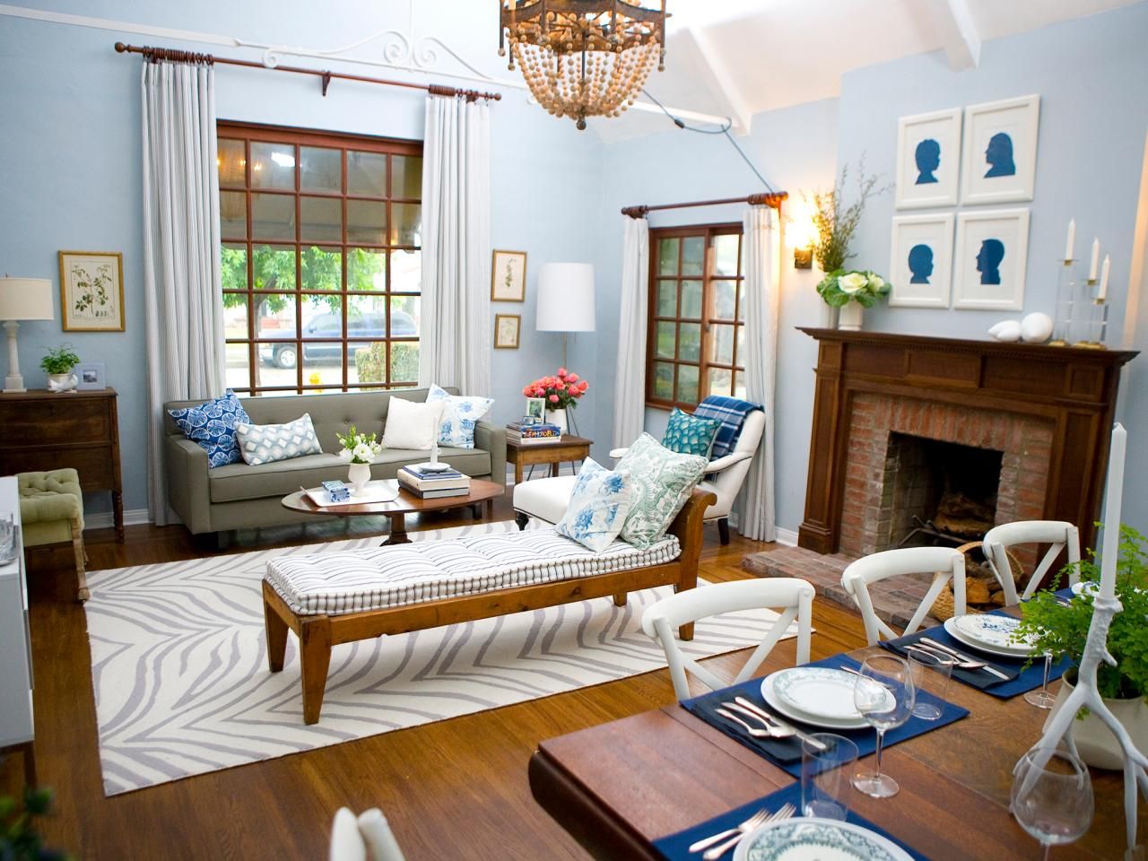Traditional living room with blue walls