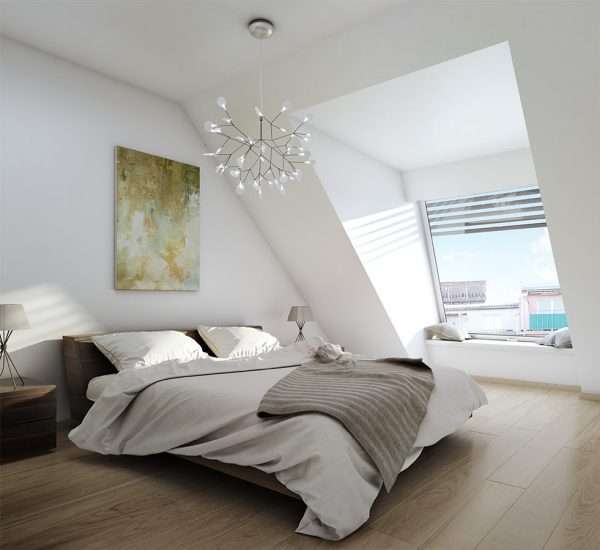 Дизайн спальни на мансарде в стиле минимализм