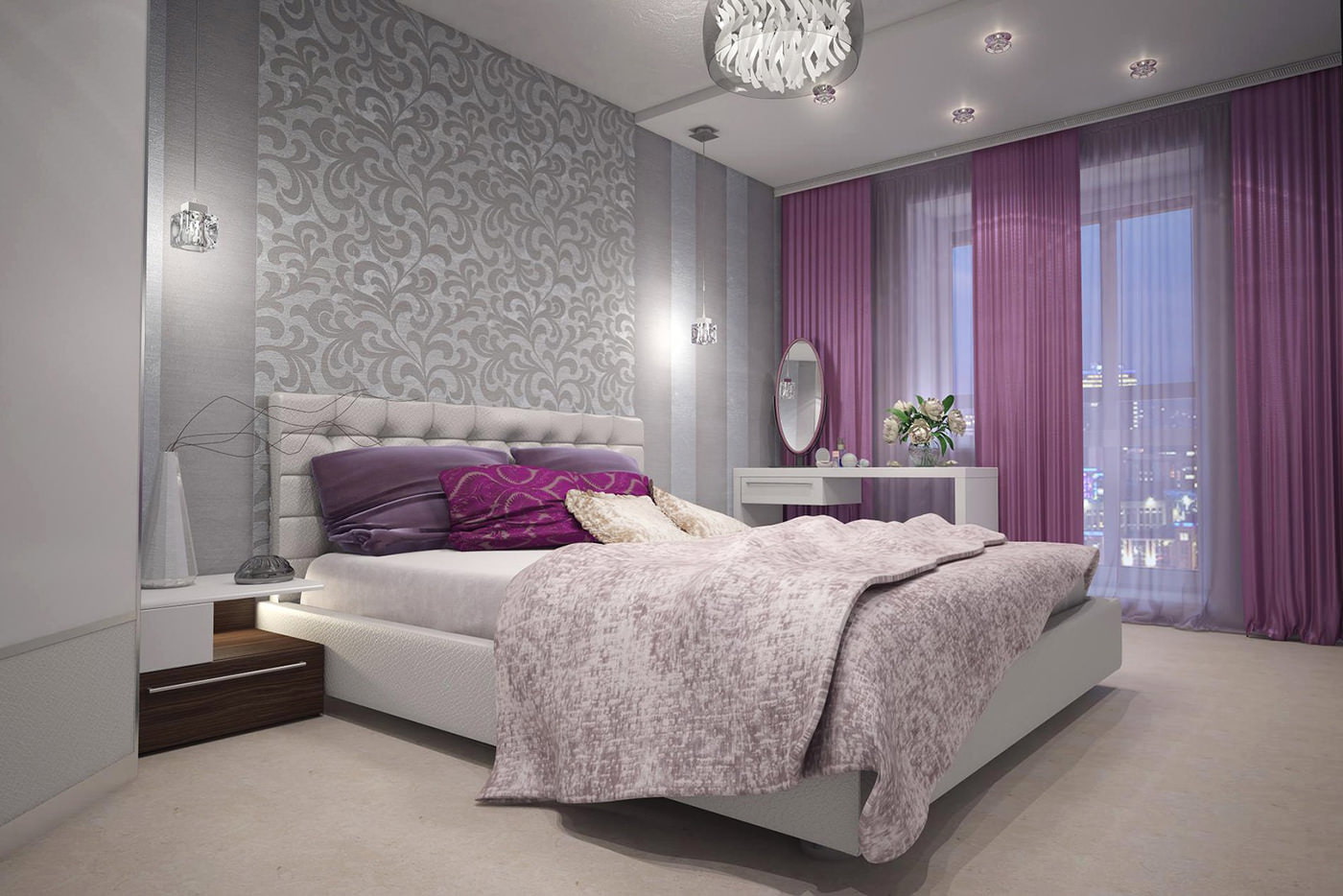 фиолетовые шторы в дизайне спальни с серыми обоями