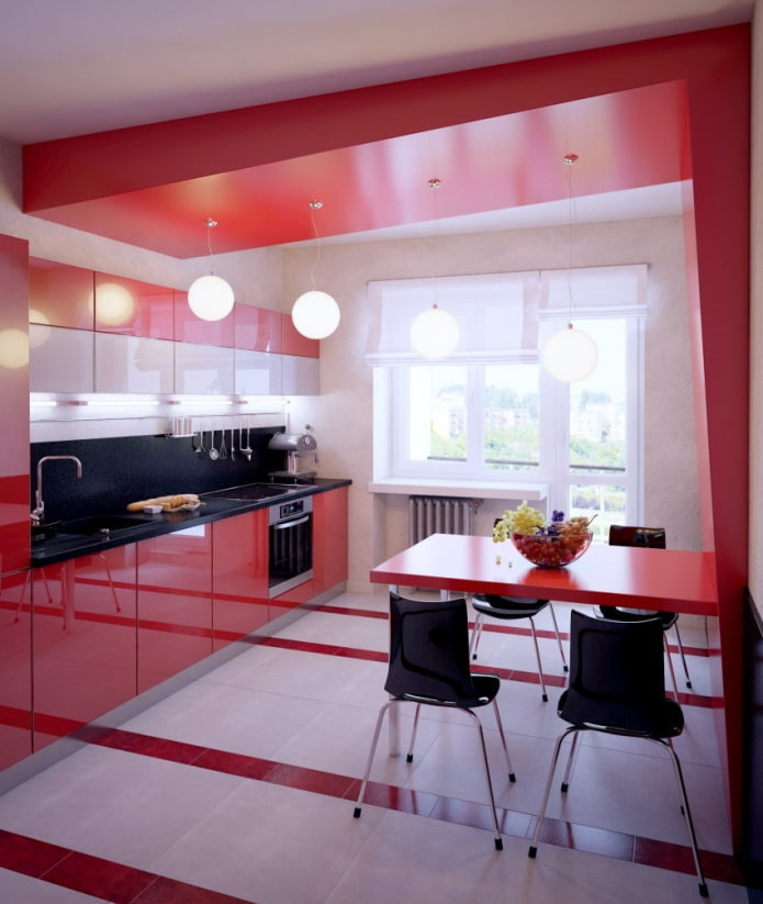 красный потолок в интерьере кухни