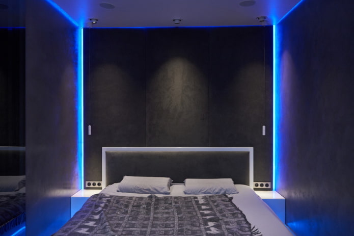 освещение в интерьере спальни в стилистике хай-тек