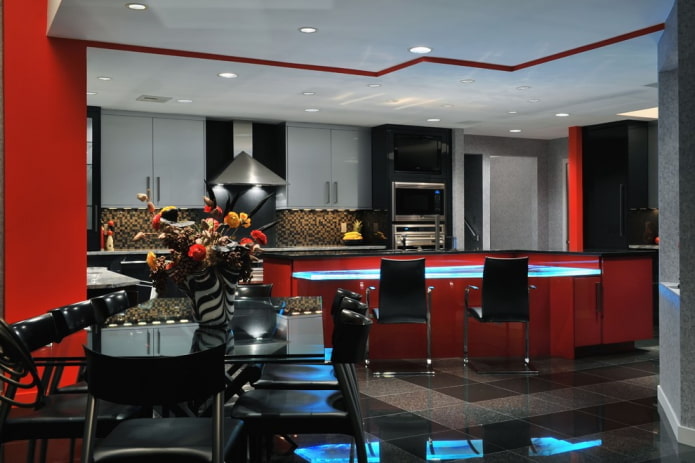Красно-черная кухня с серыми шкафчиками