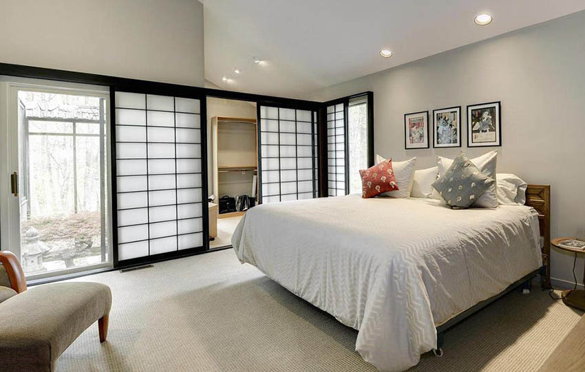 Asian style master bedroom with sliding shoji closet doors