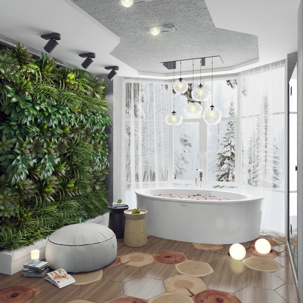 Белая ванная комната стиль эко с растениями