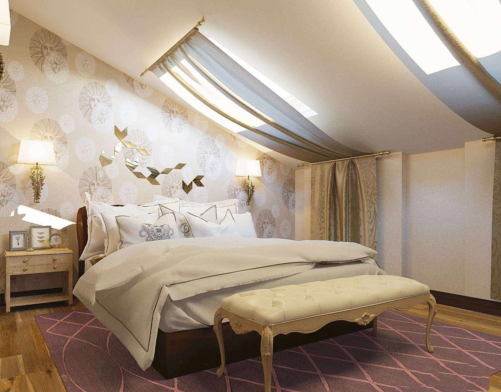 идея светлого стиля спальной комнаты в мансарде