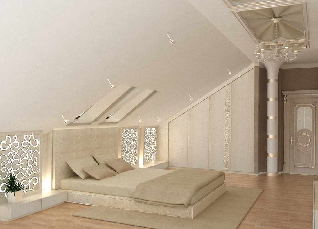 вариант необычного дизайна спальни в мансарде