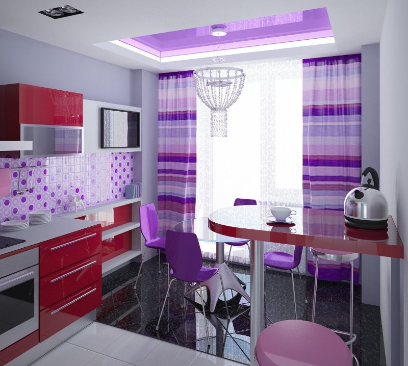 Дизайн кухни в стиле поп арт с фиолетовыми занавесками
