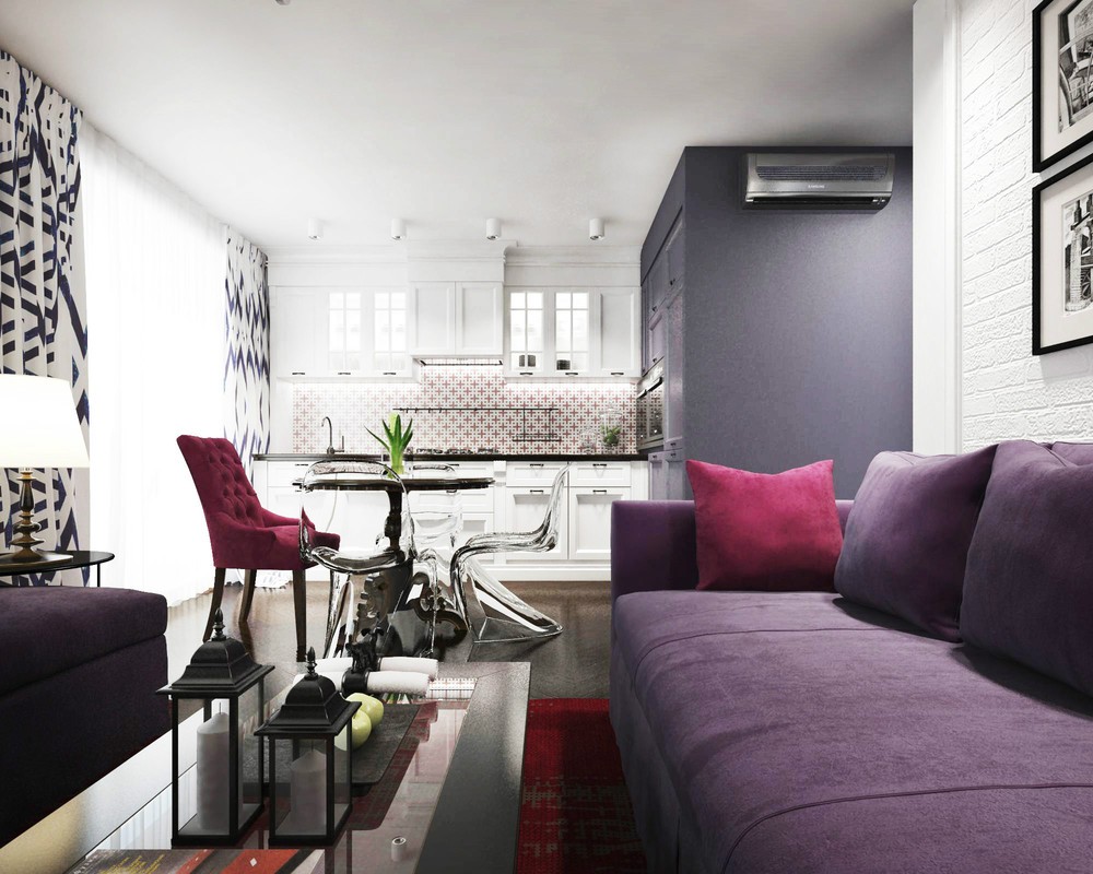 Фиолетовая обивка дивана в общей комнате