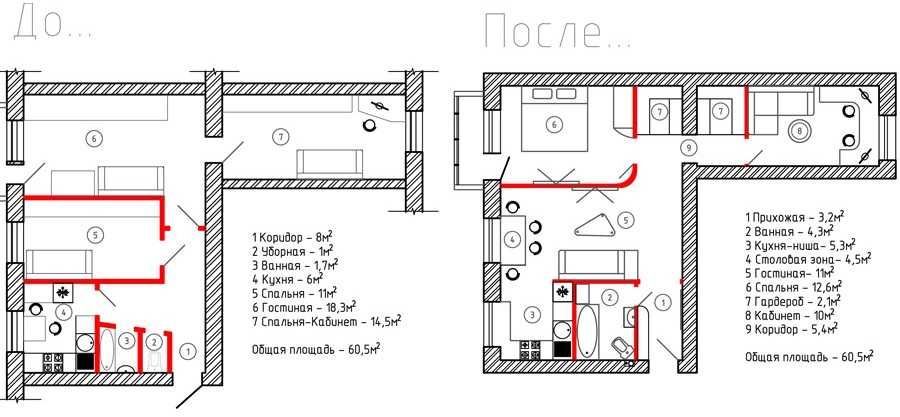 План 3 комнатной хрущевки до и после ремонта