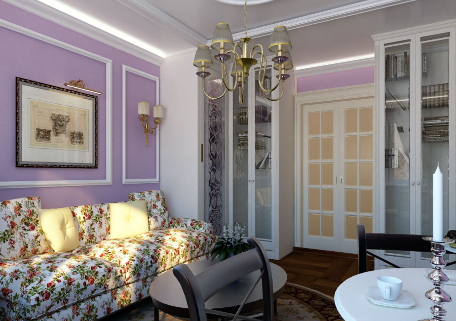 Светло-фиолетовые обои в гостиной стиля прованс