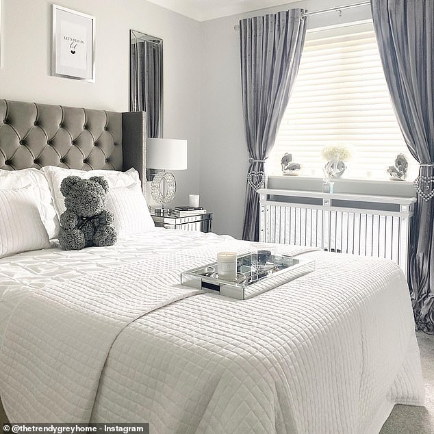 After being inspired by Instagram influencers the mother tried adding her own luxury touches to her home. Pictured, one of the relaxing bedrooms with a grey and white colour scheme