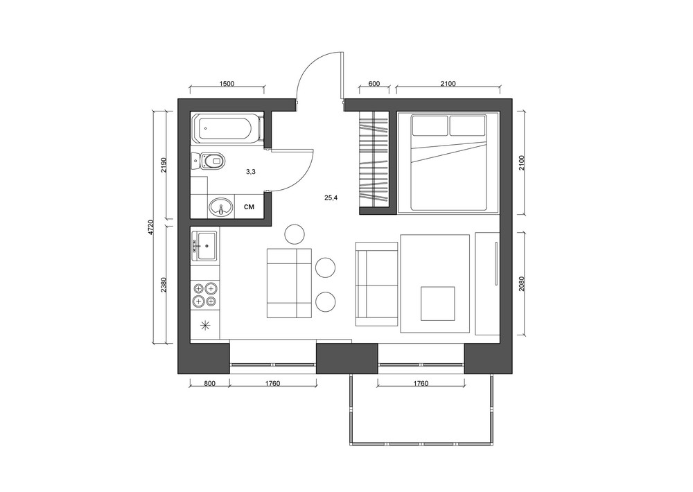 Планировка квартиры 30 кв. м в чёрно-белом цвете