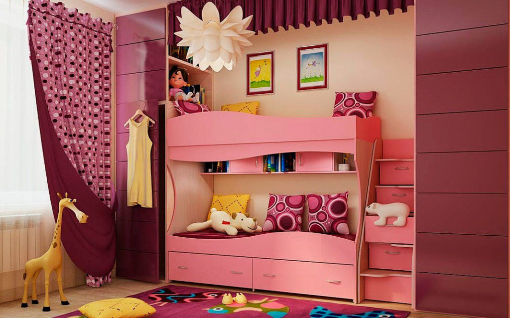 Розовая двухъярусная кровать для подростков