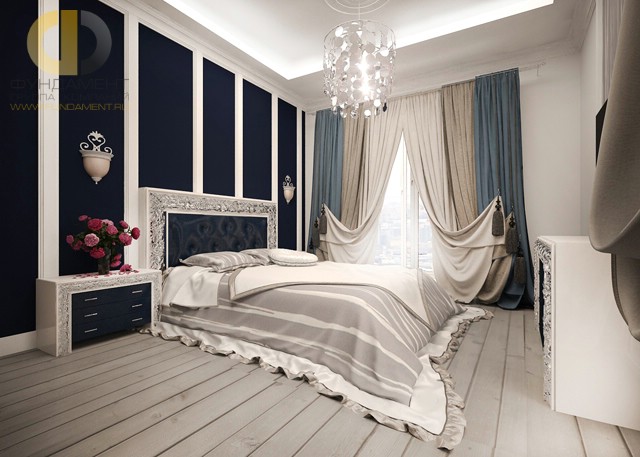 Бело-синяя гамма в интерьере классической спальни