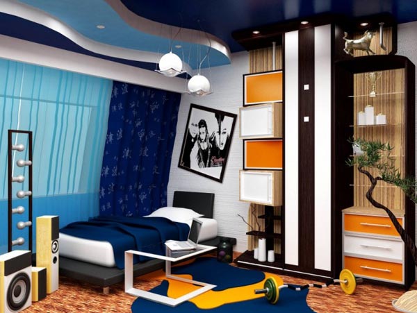 Дизайн комнаты выполнен в синих тонах