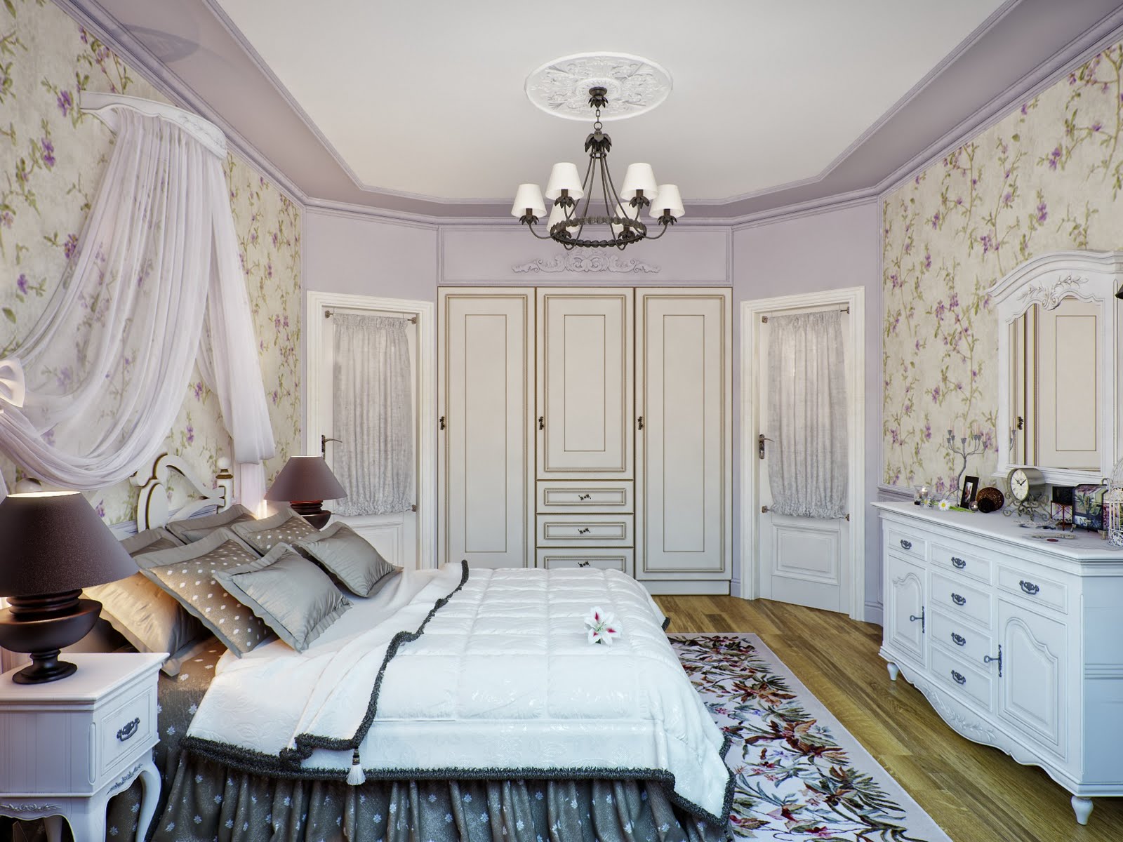 Спальня в стиле прованс в бело-сиреневых тонах