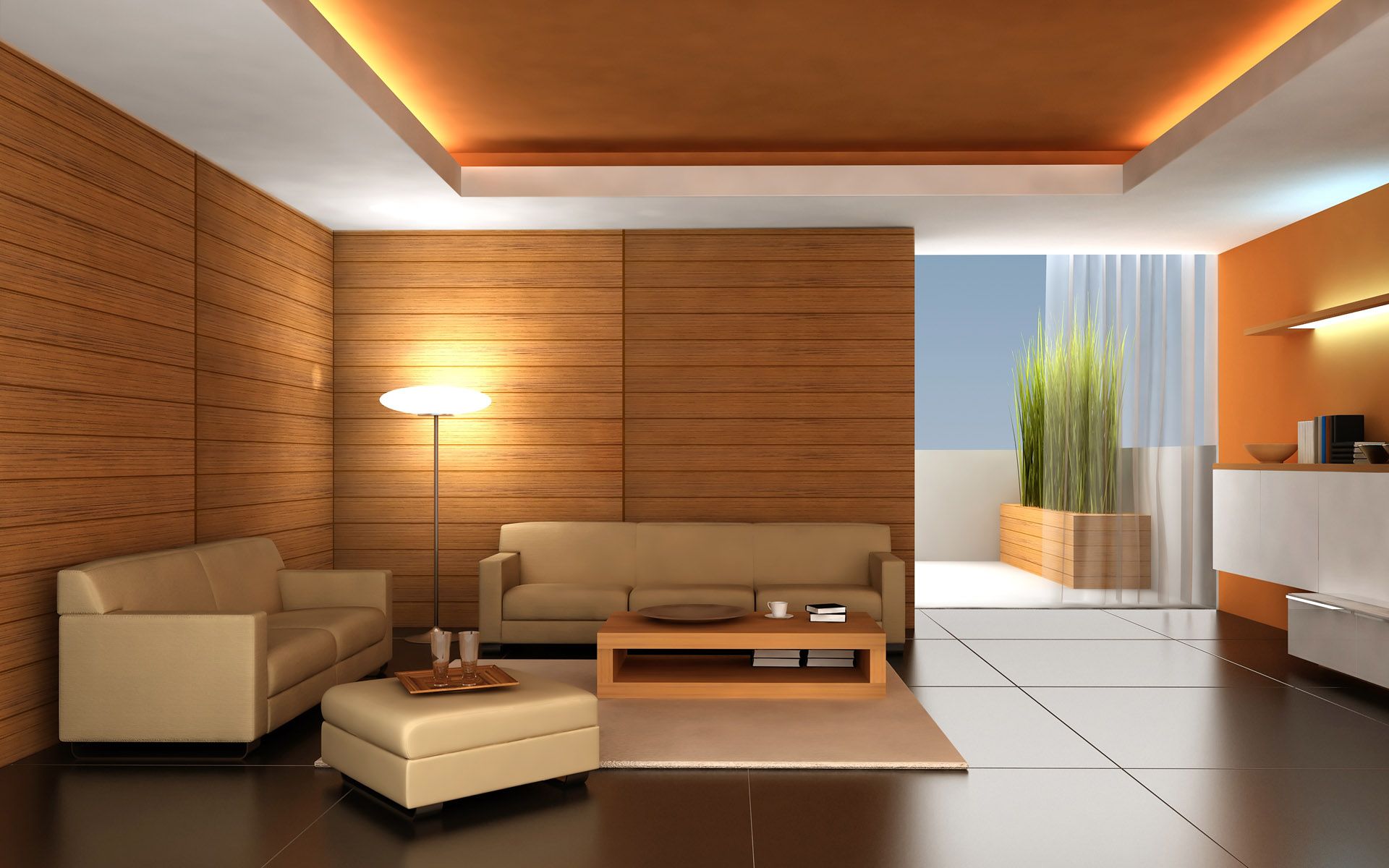 Бело-коричневый двухуровневый потолок из гипсокартона с подсветкой в гостиной