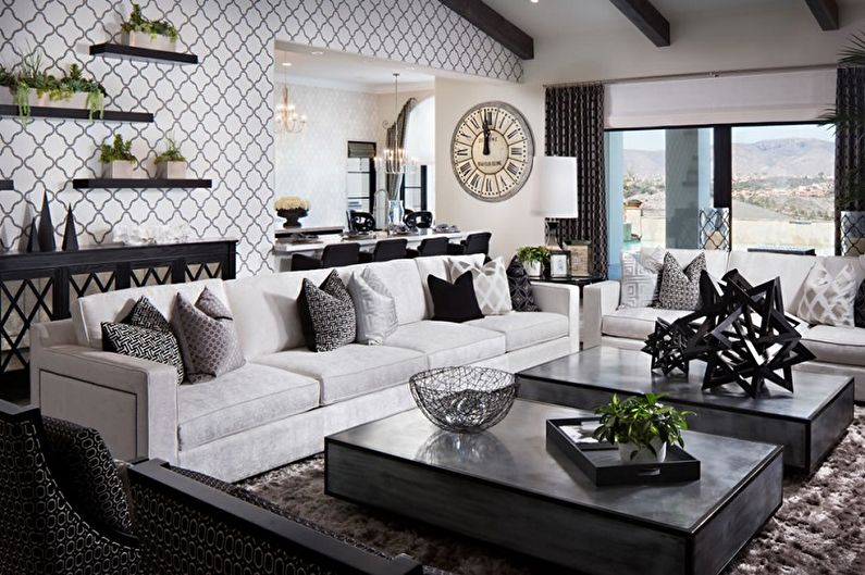Черно-белые обои в интерьере гостиной - Дизайн фото