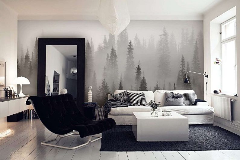 Черно-белые обои в интерьере гостиной - Дизайн фото