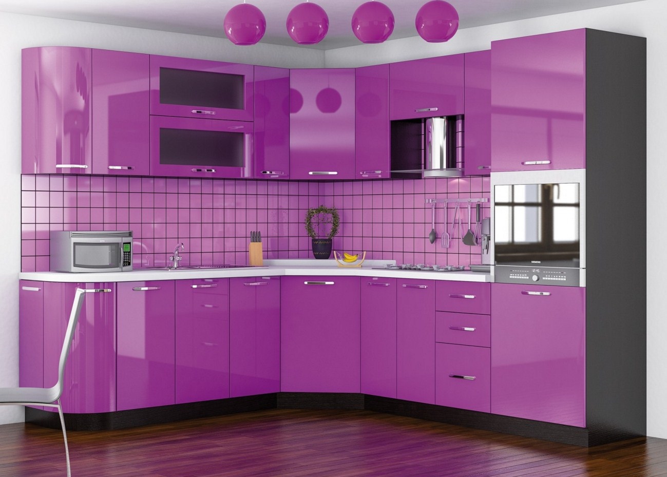 полностью пурпурный дизайн кухни