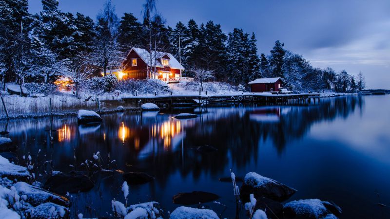house, lake, trees, winter, 5k (horizontal)