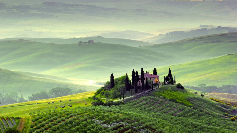 Tuscany, 4k, HD wallpaper, Italy, Hills, meadows, house, fog (horizontal)