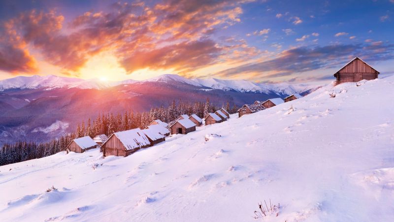 Mountains, 5k, 4k wallpaper, hills, sunset, snow, winter, house (horizontal)