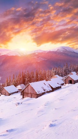 Mountains, 5k, 4k wallpaper, hills, sunset, snow, winter, house (vertical)